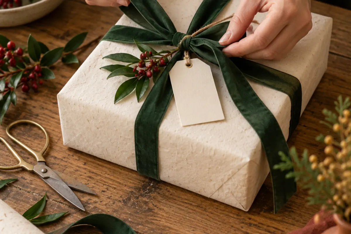 Mains préparant un cadeau dans un atelier chaleureux aux tons vert, crème et safran