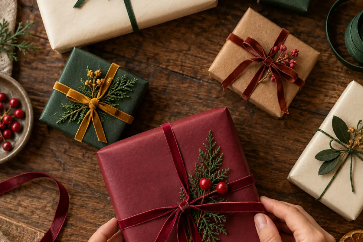 Petits cadeaux de Secret Santa emballés avec des papiers colorés et sobres