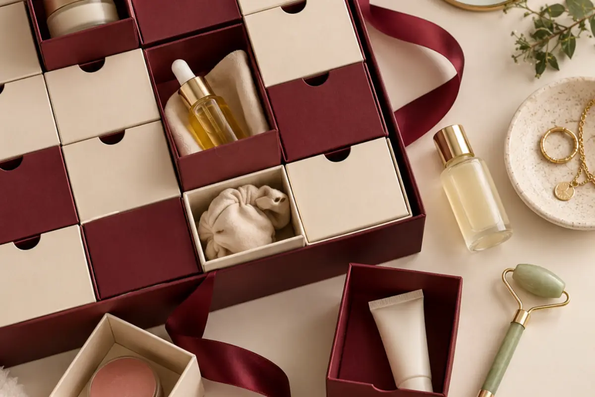 Calendrier de l’Avent générique et soins sans marque disposés en flat lay